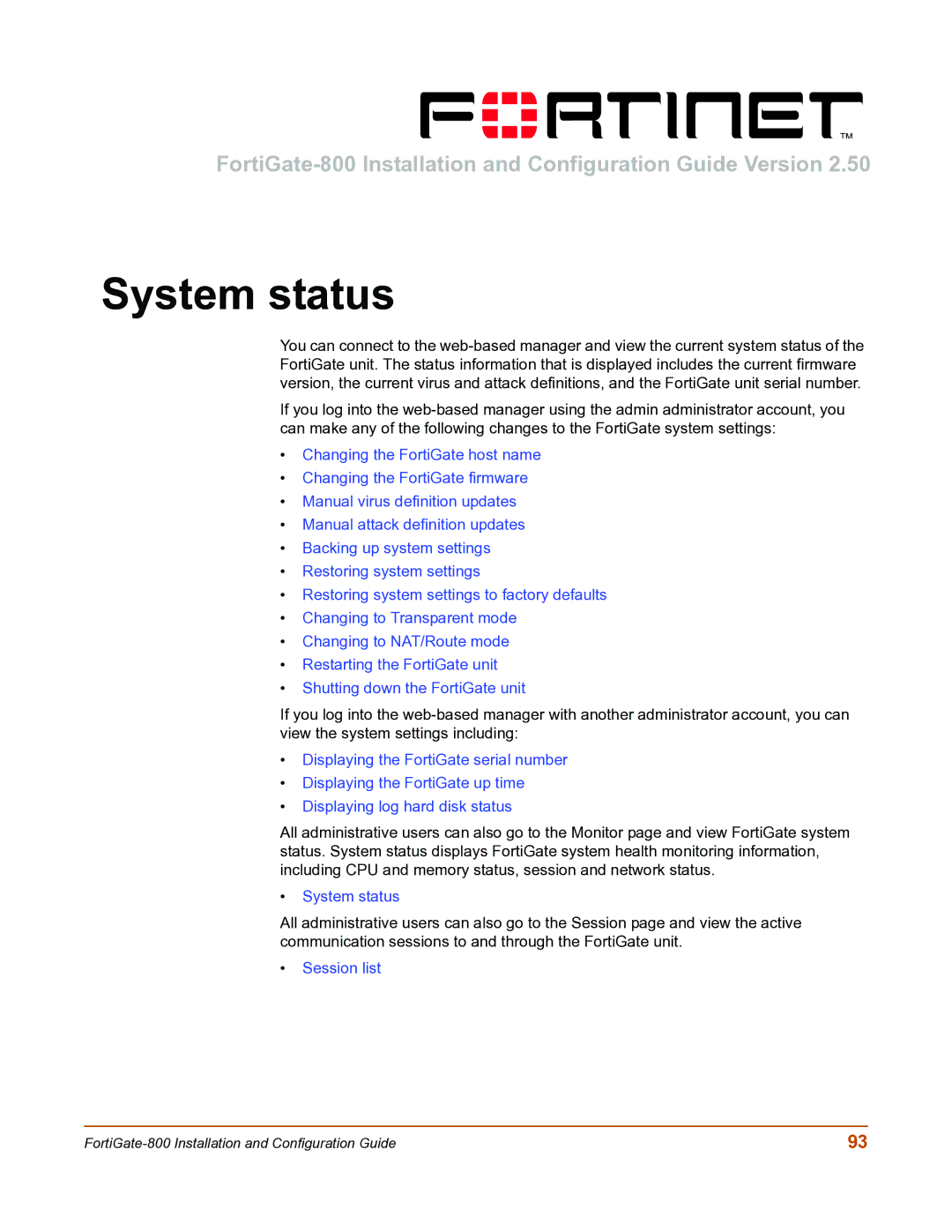 Fortinet FortiGate-800 manual System status 