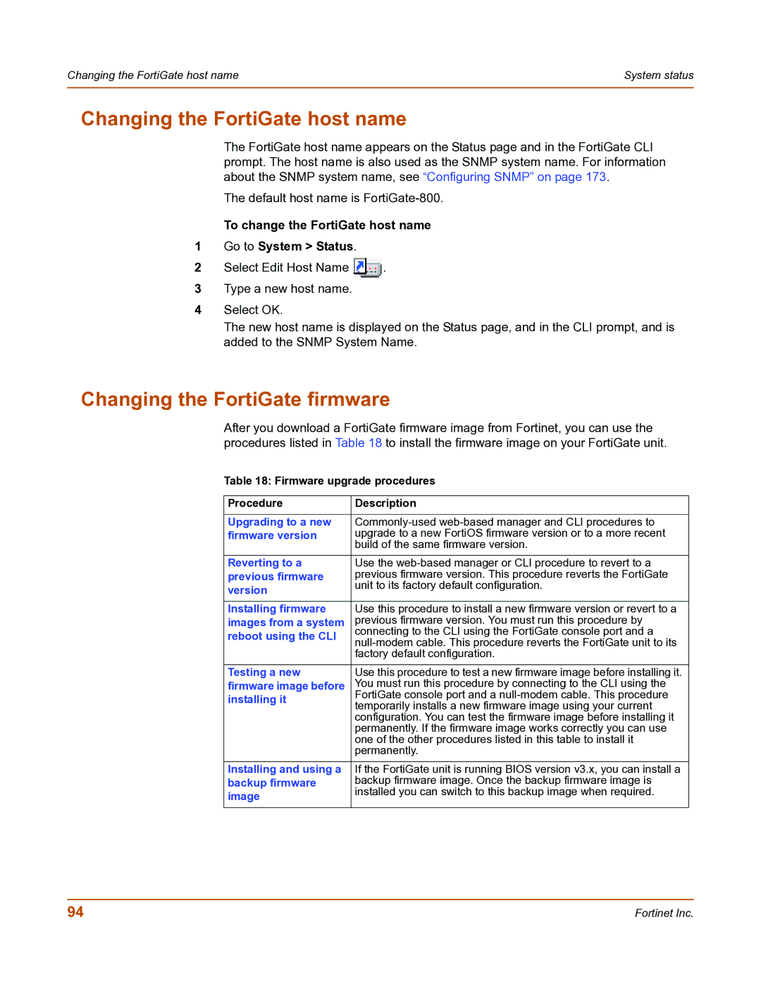 Fortinet FortiGate-800 manual Changing the FortiGate host name, Changing the FortiGate firmware 