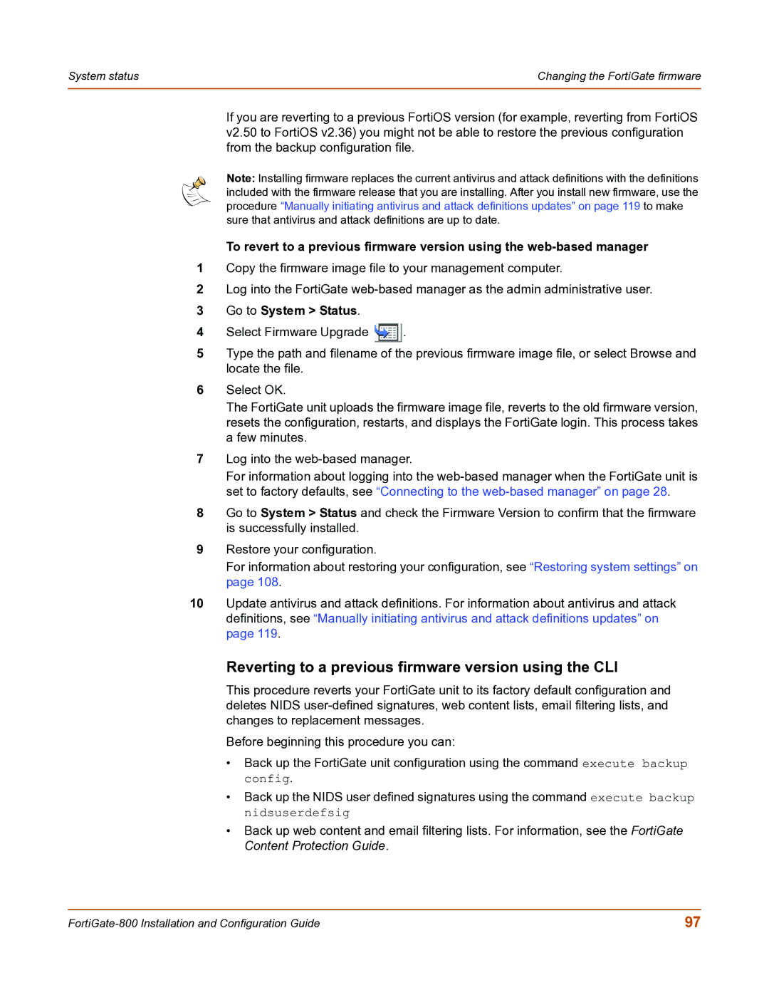 Fortinet FortiGate-800 manual Reverting to a previous firmware version using the CLI 