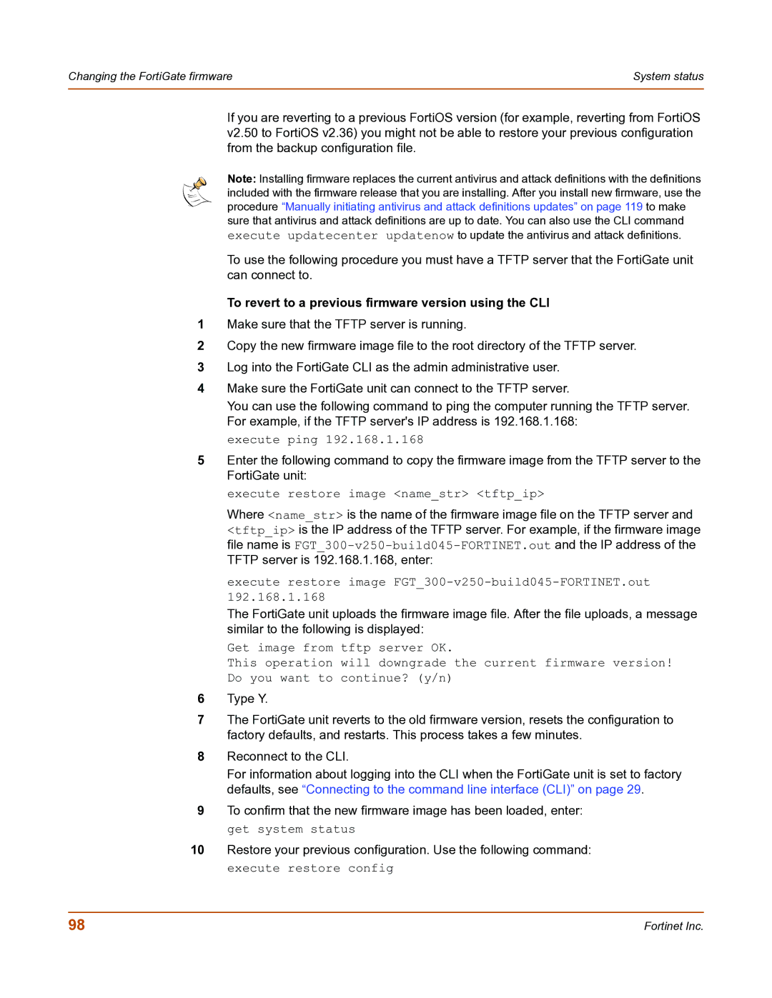 Fortinet FortiGate-800 manual To revert to a previous firmware version using the CLI 