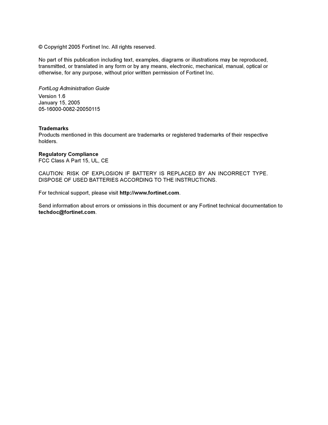 Fortinet FortiLog-400, FortiLog-100 manual Version 1.6 January 15 05-16000-0082-20050115, Trademarks, Regulatory Compliance 