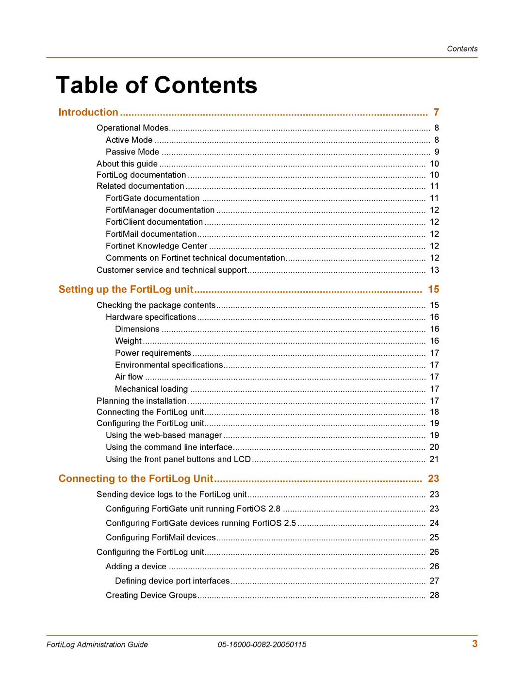 Fortinet FortiLog-100, FortiLog-800, FortiLog-400 manual Table of Contents 