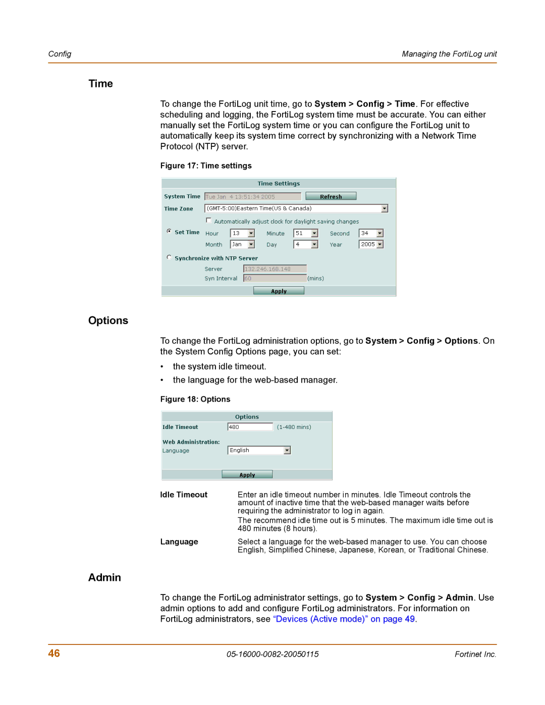 Fortinet FortiLog-800, FortiLog-100, FortiLog-400 manual Time, Options, Admin, Language 