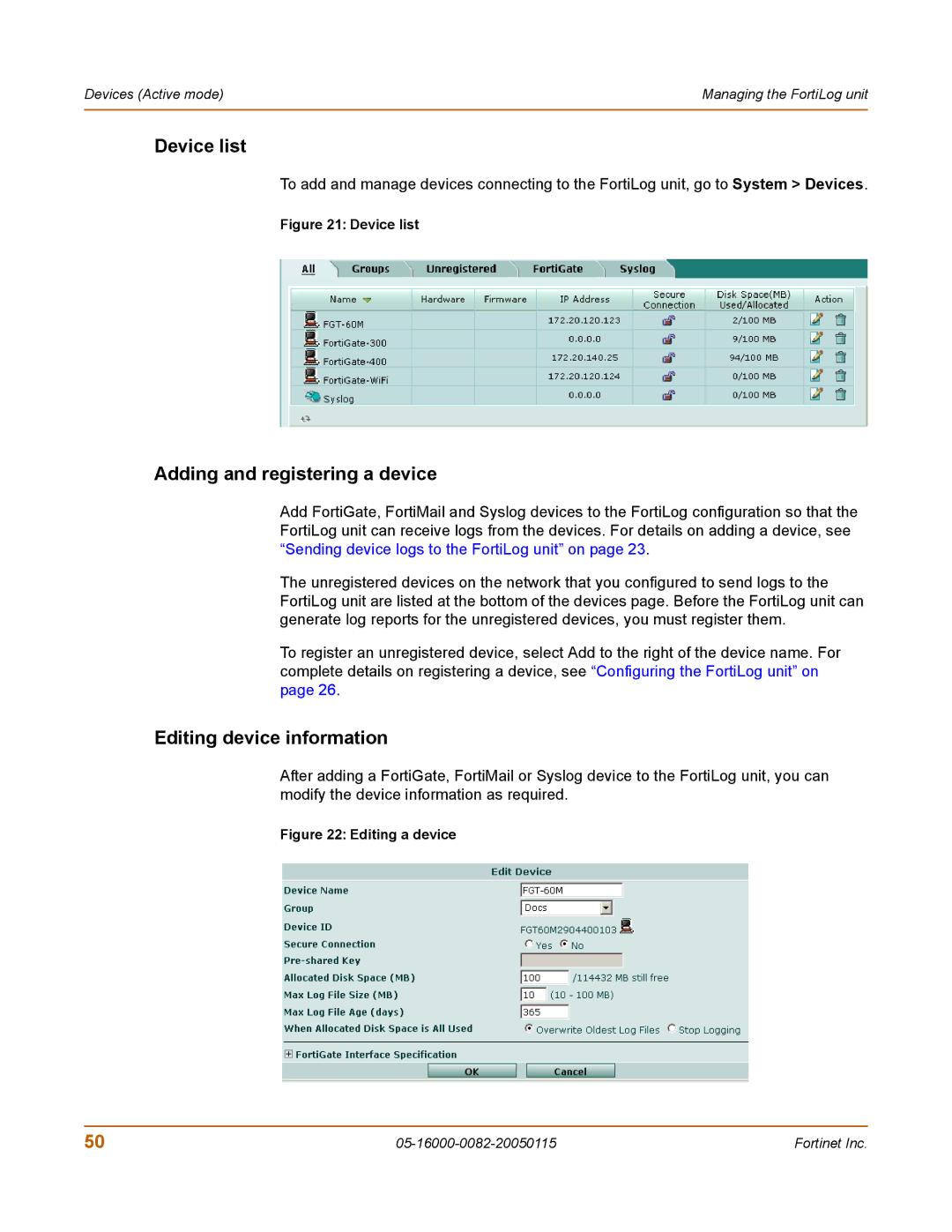 Fortinet FortiLog-400, FortiLog-100, FortiLog-800 Device list, Adding and registering a device, Editing device information 