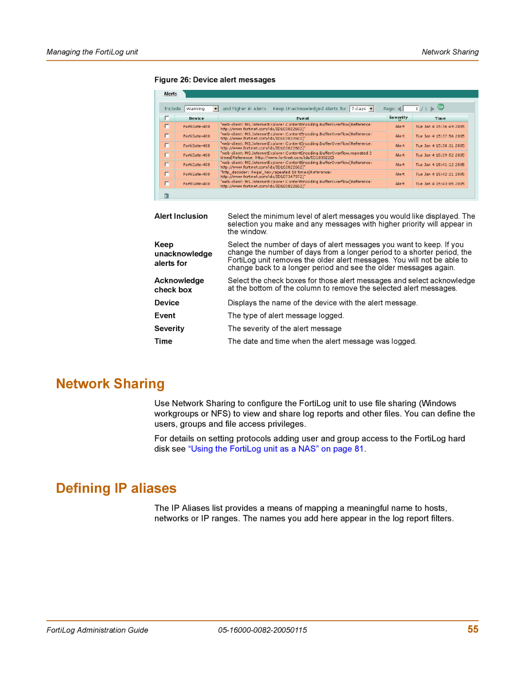 Fortinet FortiLog-800, FortiLog-100, FortiLog-400 manual Network Sharing, Defining IP aliases, Window 