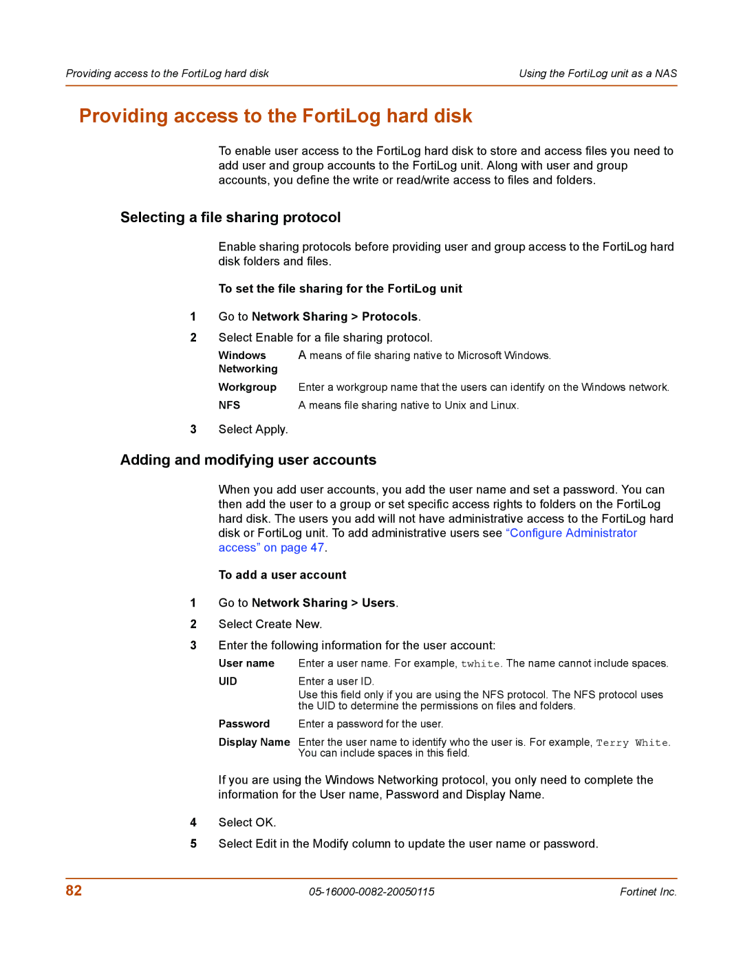 Fortinet FortiLog-800, FortiLog-100 manual Providing access to the FortiLog hard disk, Selecting a file sharing protocol 