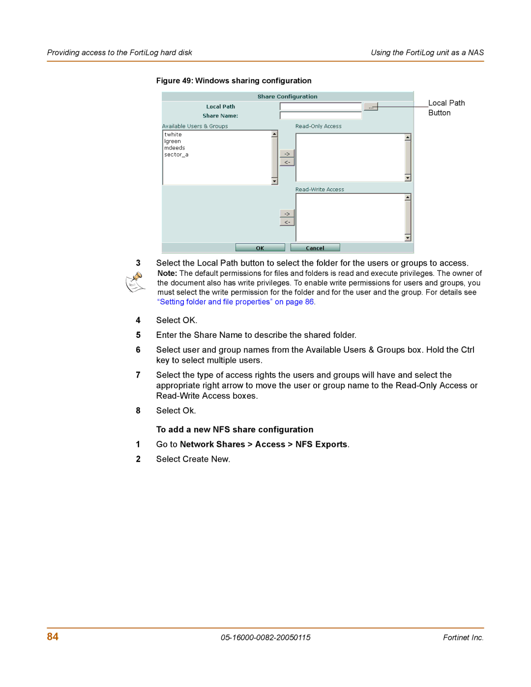 Fortinet FortiLog-100, FortiLog-800, FortiLog-400 manual Windows sharing configuration 