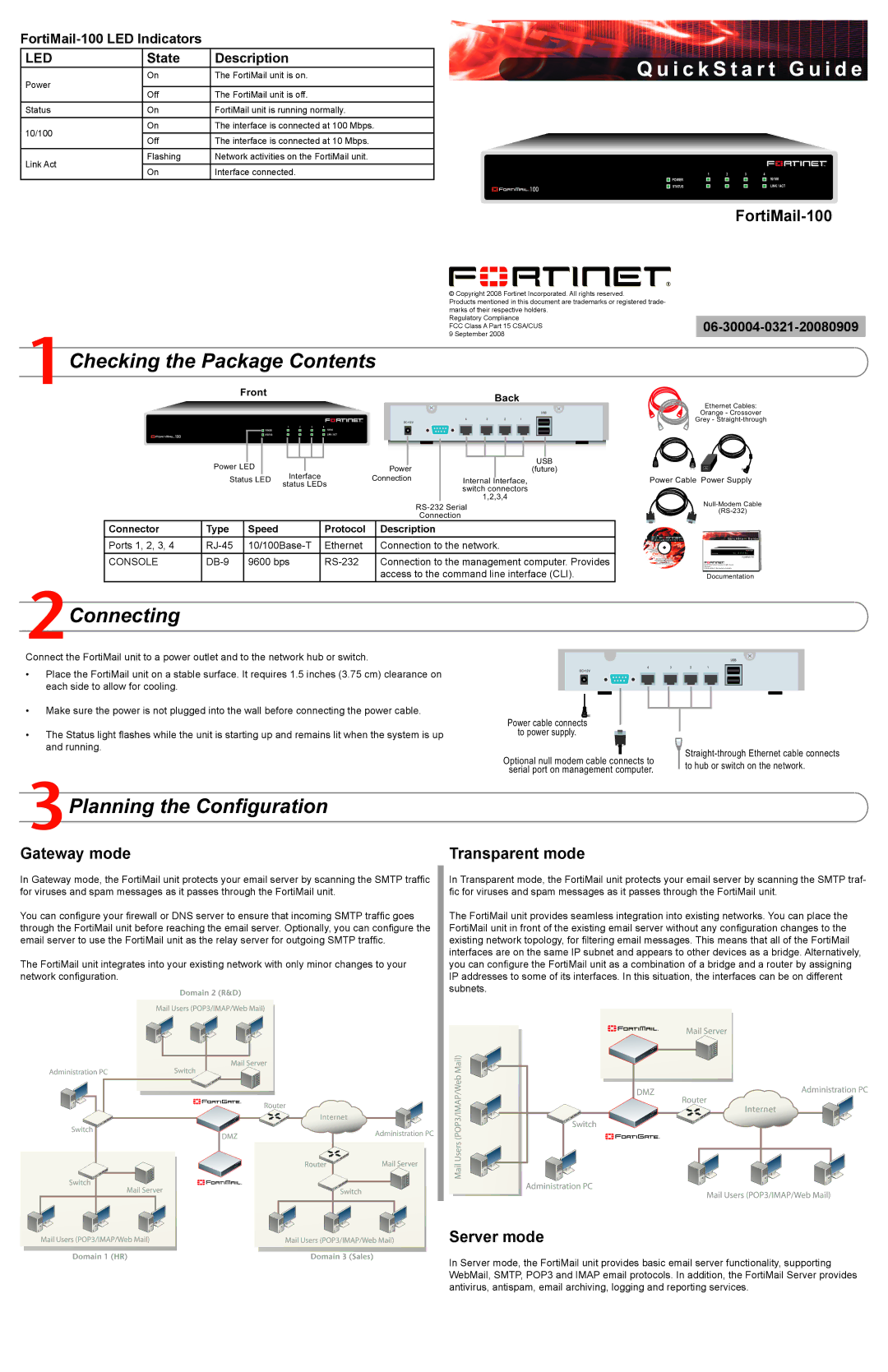 Fortinet FortiMail-100 quick start Checking the Package Contents, Connecting, Planning the Configuration 