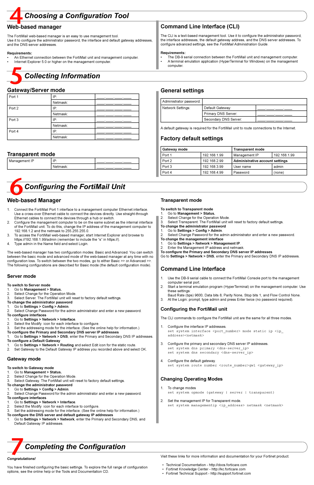 Fortinet FortiMail-100 quick start Choosing a Configuration Tool, Collecting Information, Configuring the FortiMail Unit 