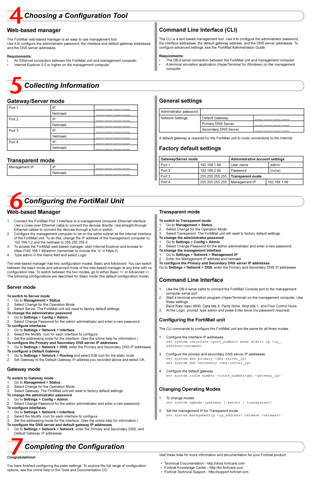 Fortinet FortiMail-2000A quick start Choosing a Configuration Tool, Collecting Information, Configuring the FortiMail Unit 