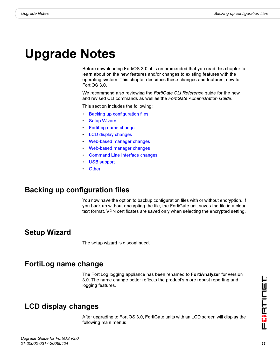 Fortinet FortiOS 3.0 manual Upgrade Notes, Backing up configuration files, Setup Wizard, FortiLog name change 