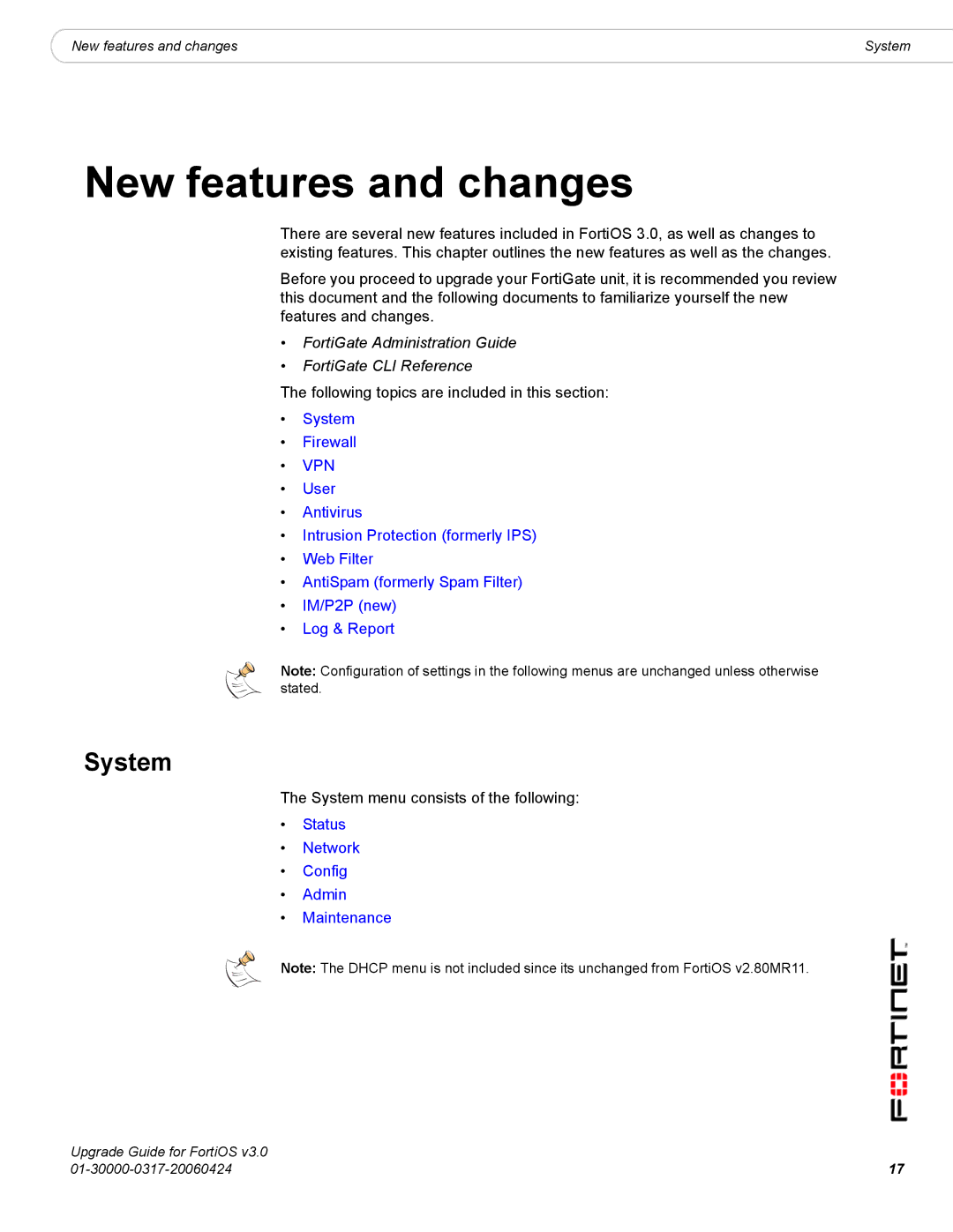 Fortinet FortiOS 3.0 manual New features and changes, System 