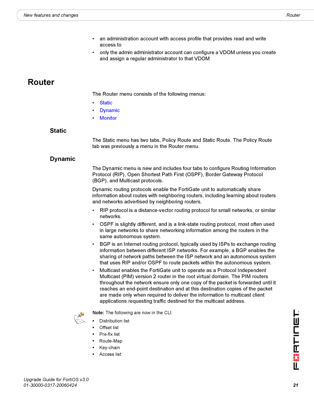 Fortinet FortiOS 3.0 manual Router, Static, Dynamic 