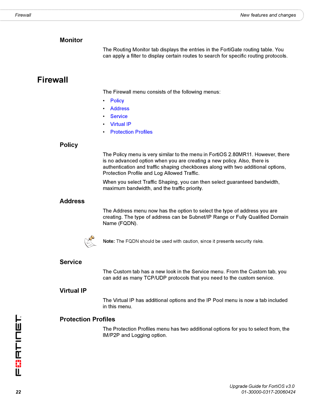 Fortinet FortiOS 3.0 manual Firewall 