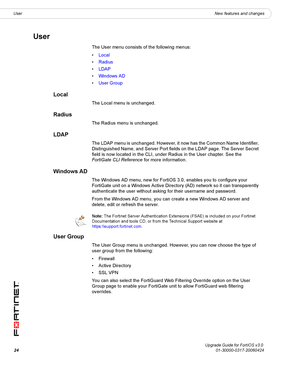 Fortinet FortiOS 3.0 manual Local, Radius, Windows AD, User Group 