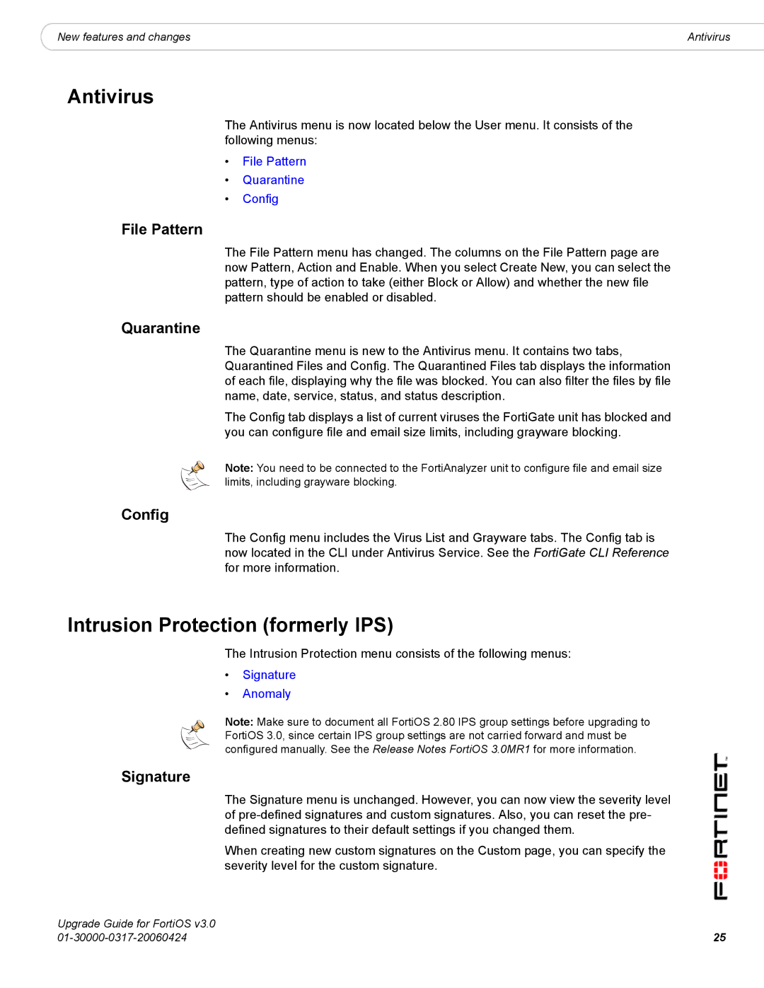 Fortinet FortiOS 3.0 manual Antivirus, Intrusion Protection formerly IPS, File Pattern, Quarantine, Signature 