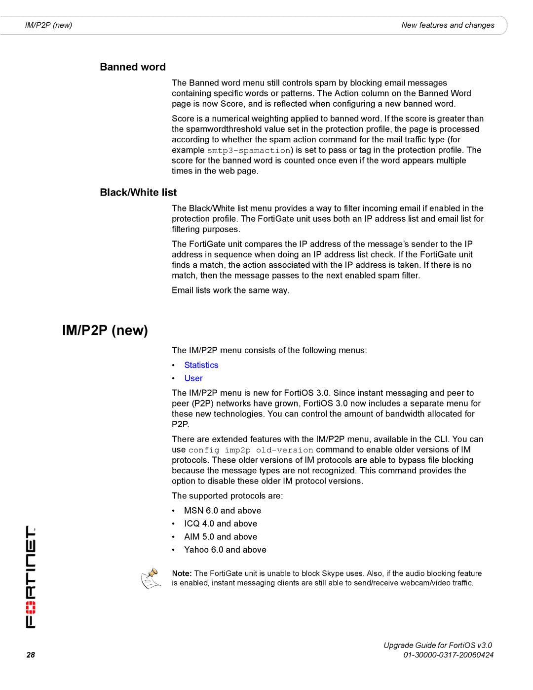 Fortinet FortiOS 3.0 manual IM/P2P new, Banned word, Black/White list 