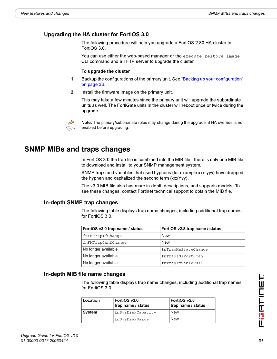 Fortinet FortiOS 3.0 manual Snmp MIBs and traps changes, Upgrading the HA cluster for FortiOS, In-depth Snmp trap changes 