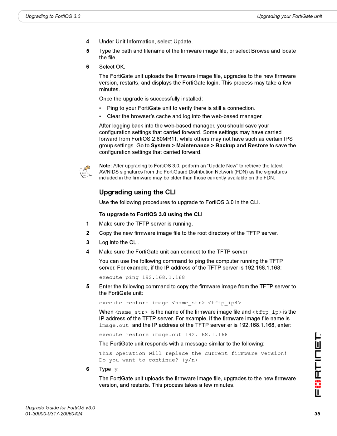 Fortinet manual Upgrading using the CLI, To upgrade to FortiOS 3.0 using the CLI 