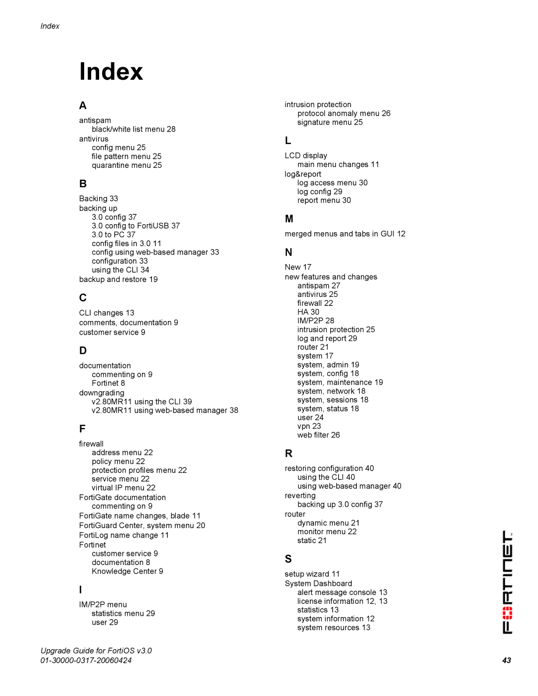 Fortinet FortiOS 3.0 manual Index 