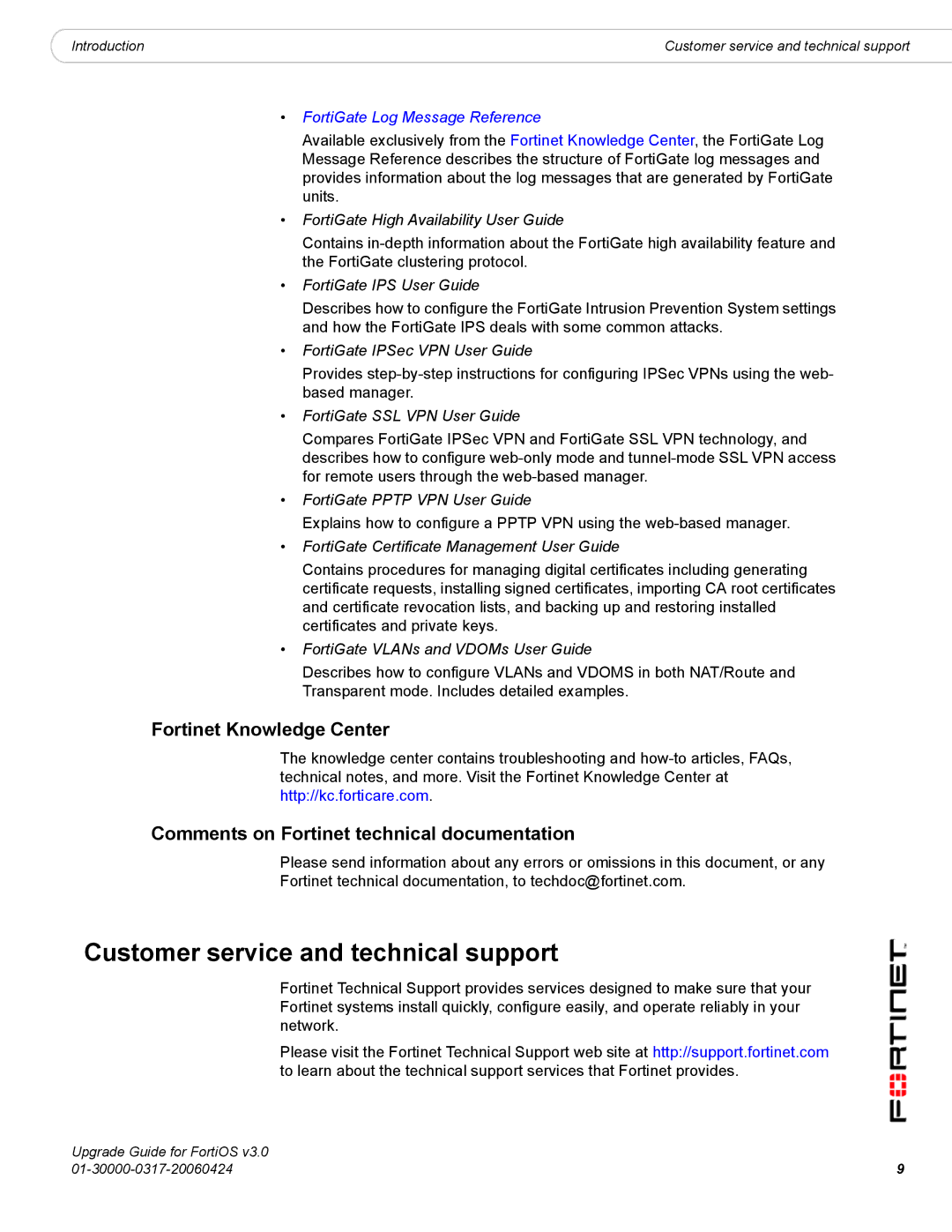 Fortinet FortiOS 3.0 manual Customer service and technical support, Fortinet Knowledge Center 