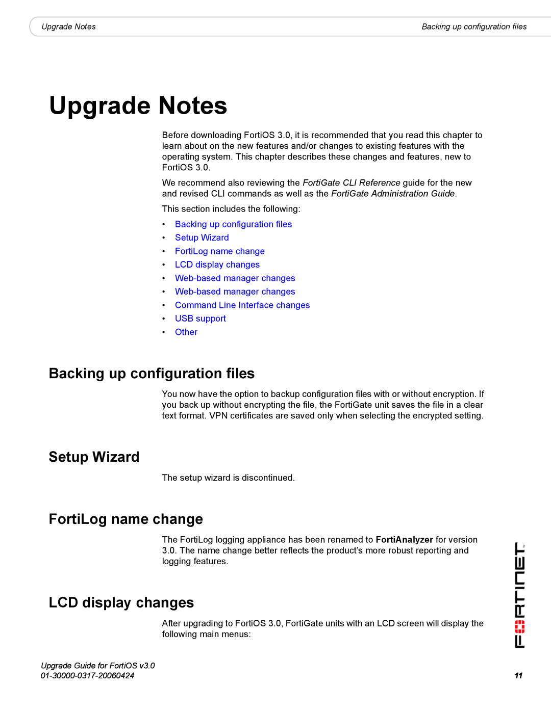 Fortinet FortiOS 3.0 manual Upgrade Notes, Backing up configuration files, Setup Wizard, FortiLog name change, Other 