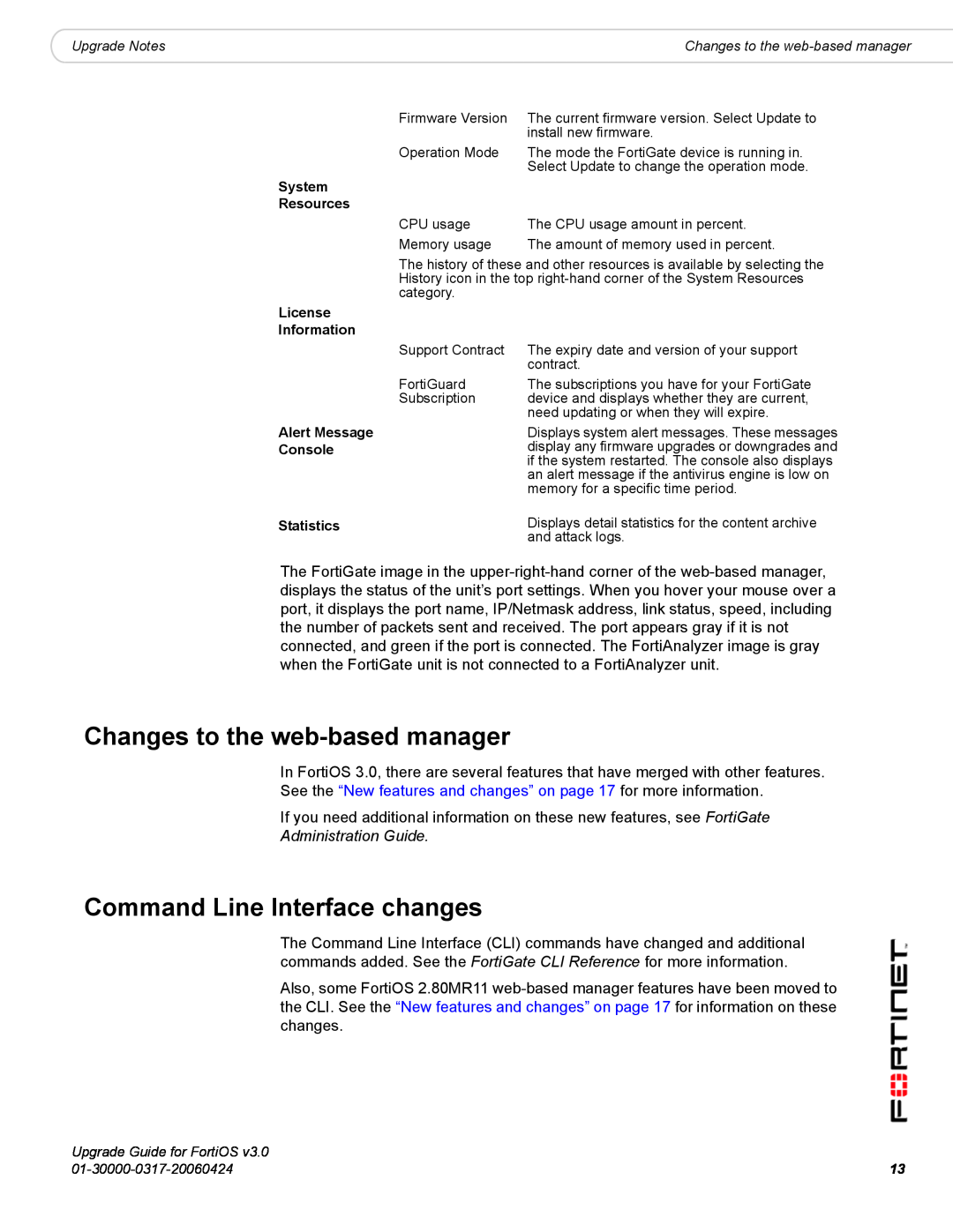 Fortinet FortiOS 3.0 manual Changes to the web-based manager, Command Line Interface changes, Administration Guide 