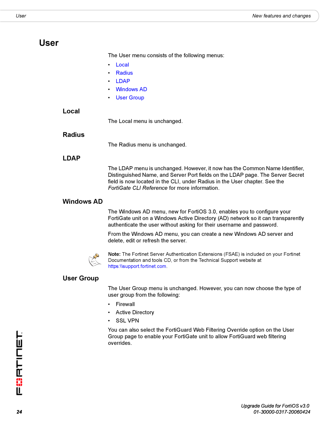 Fortinet FortiOS 3.0 manual Ldap, Local Radius LDAP Windows AD User Group 