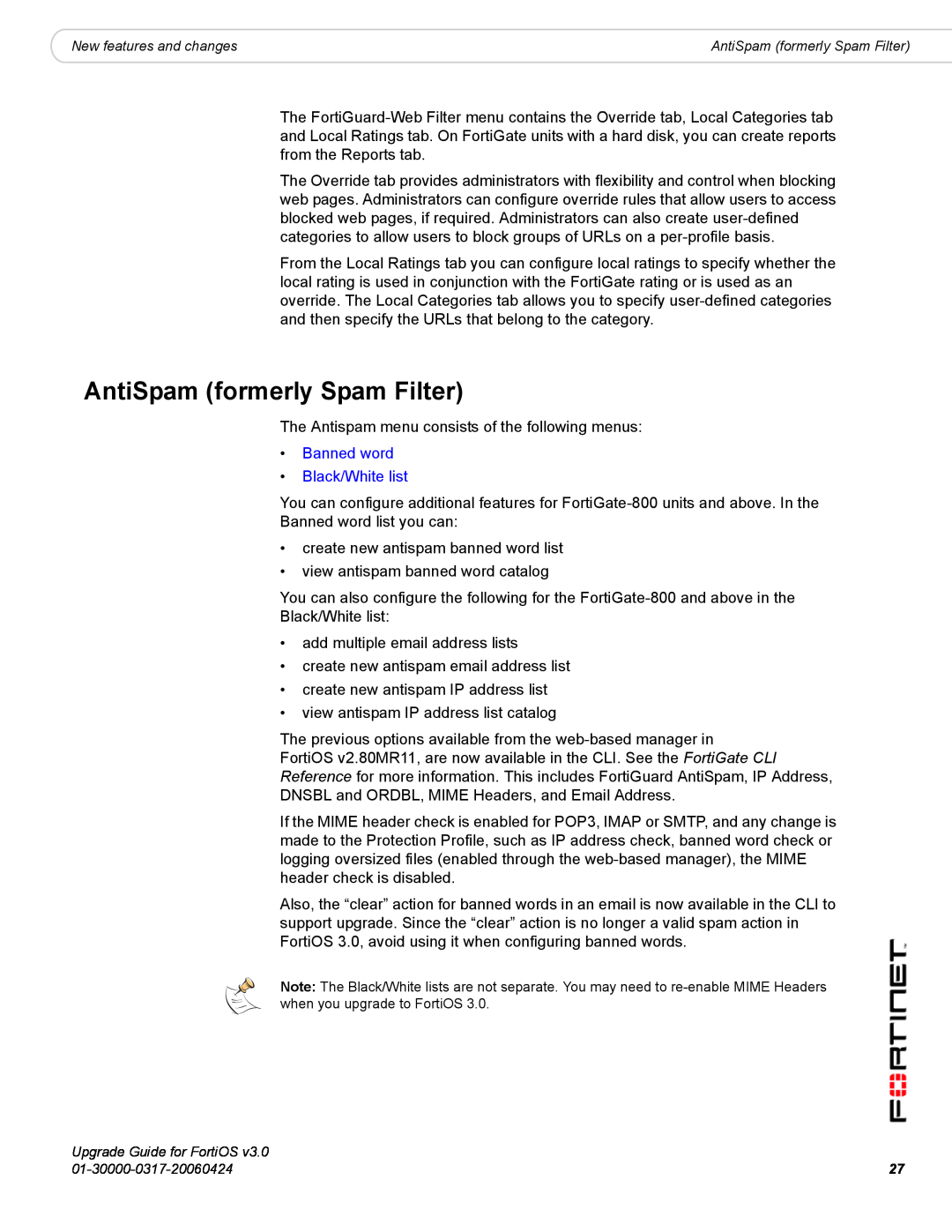 Fortinet FortiOS 3.0 manual AntiSpam formerly Spam Filter, Banned word Black/White list 