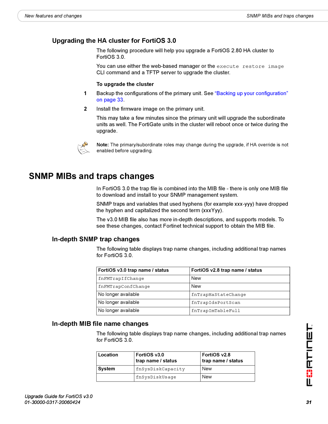 Fortinet FortiOS 3.0 manual SNMP MIBs and traps changes, Upgrading the HA cluster for FortiOS, In-depth SNMP trap changes 