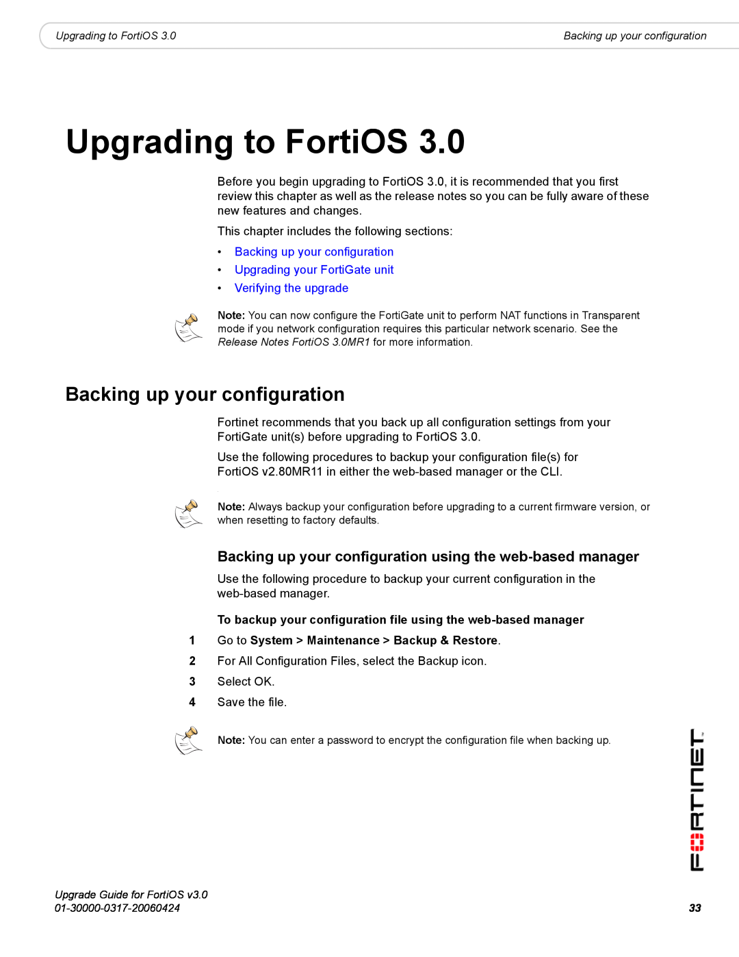 Fortinet FortiOS 3.0 manual Upgrading to FortiOS, Backing up your configuration, Verifying the upgrade 