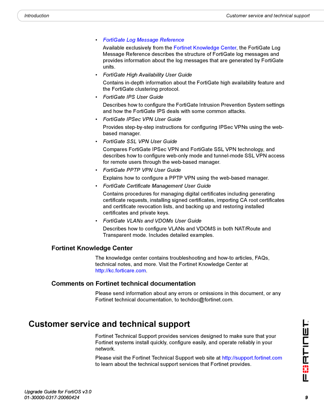 Fortinet FortiOS 3.0 manual Customer service and technical support, Fortinet Knowledge Center, FortiGate IPS User Guide 