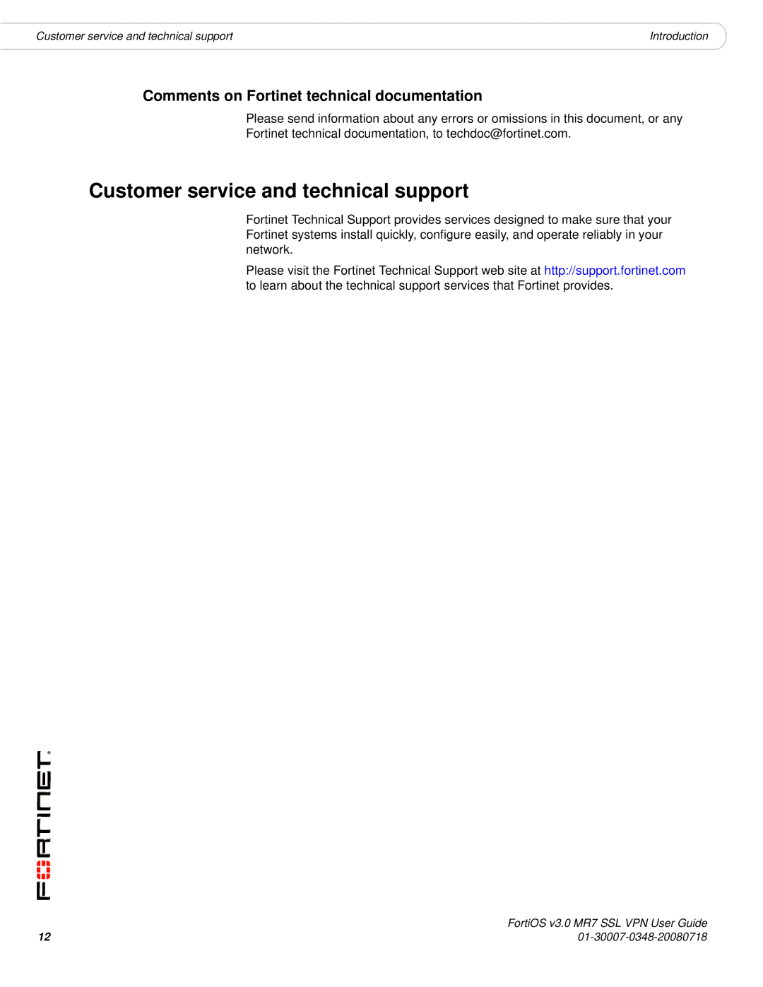 Fortinet FORTIOS V3.0 MR7 manual Customer service and technical support, Comments on Fortinet technical documentation 