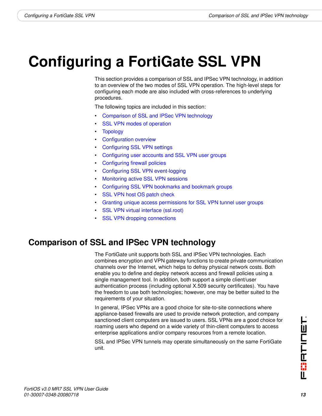 Fortinet FORTIOS V3.0 MR7 manual Configuring a FortiGate SSL VPN, Comparison of SSL and IPSec VPN technology 