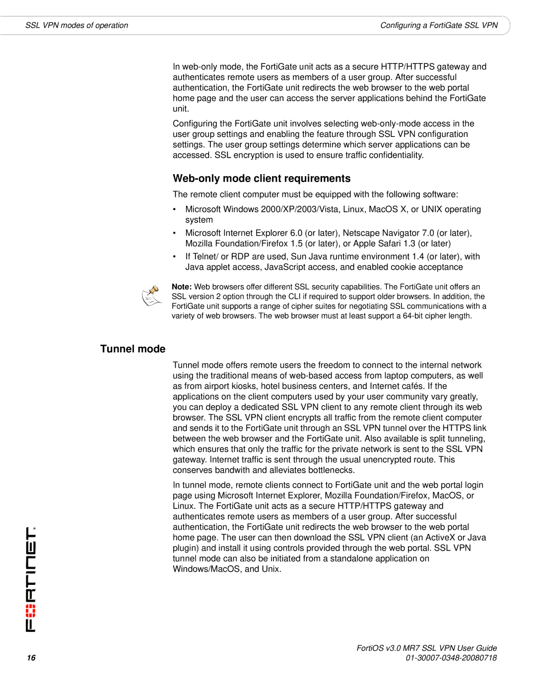 Fortinet FORTIOS V3.0 MR7 manual Web-only mode client requirements, Tunnel mode 