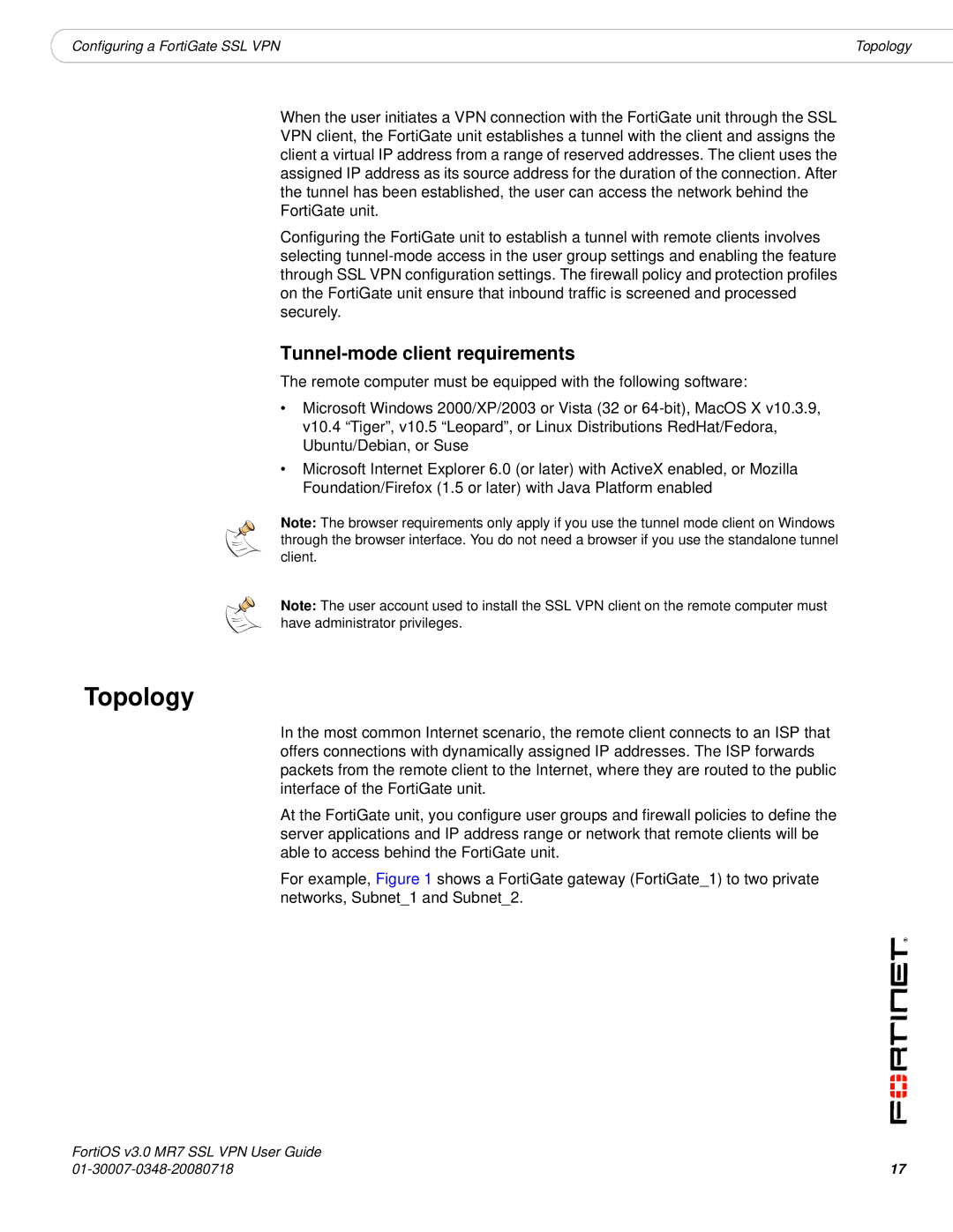 Fortinet FORTIOS V3.0 MR7 manual Topology, Tunnel-mode client requirements 