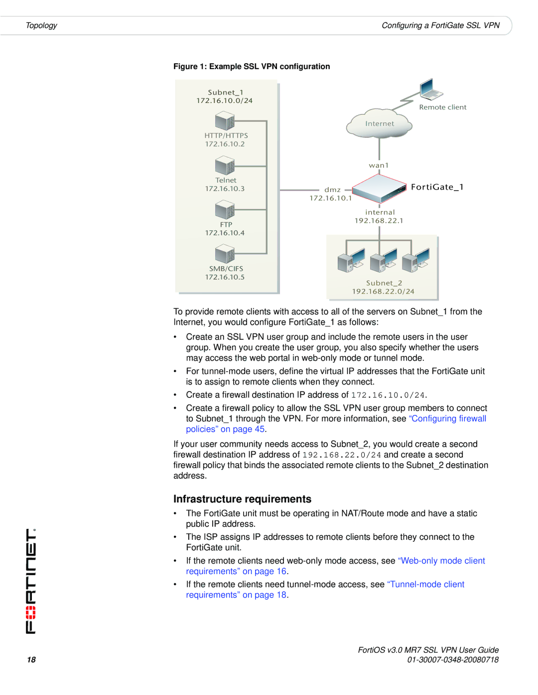 Fortinet FORTIOS V3.0 MR7 manual Infrastructure requirements, Example SSL VPN configuration 