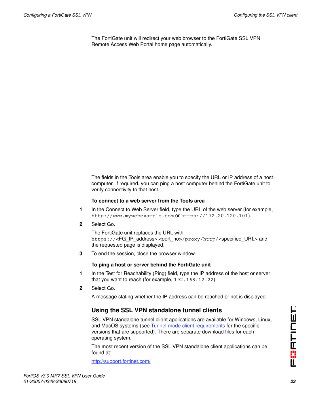 Fortinet FORTIOS V3.0 MR7 Using the SSL VPN standalone tunnel clients, To connect to a web server from the Tools area 