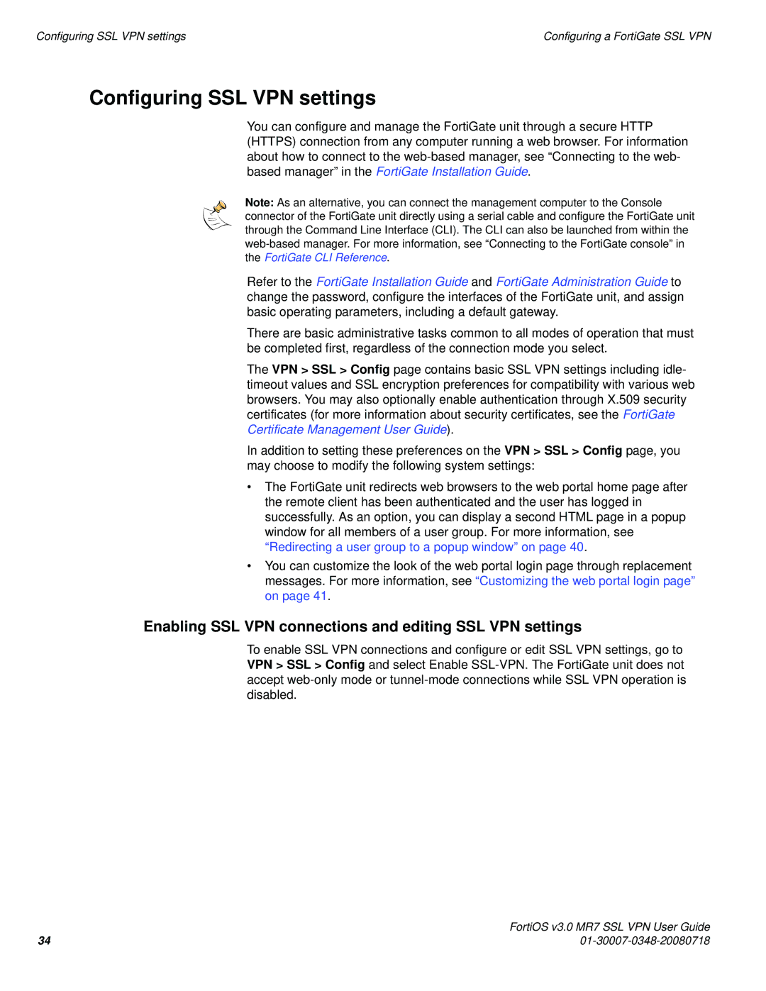 Fortinet FORTIOS V3.0 MR7 manual Configuring SSL VPN settings, Enabling SSL VPN connections and editing SSL VPN settings 