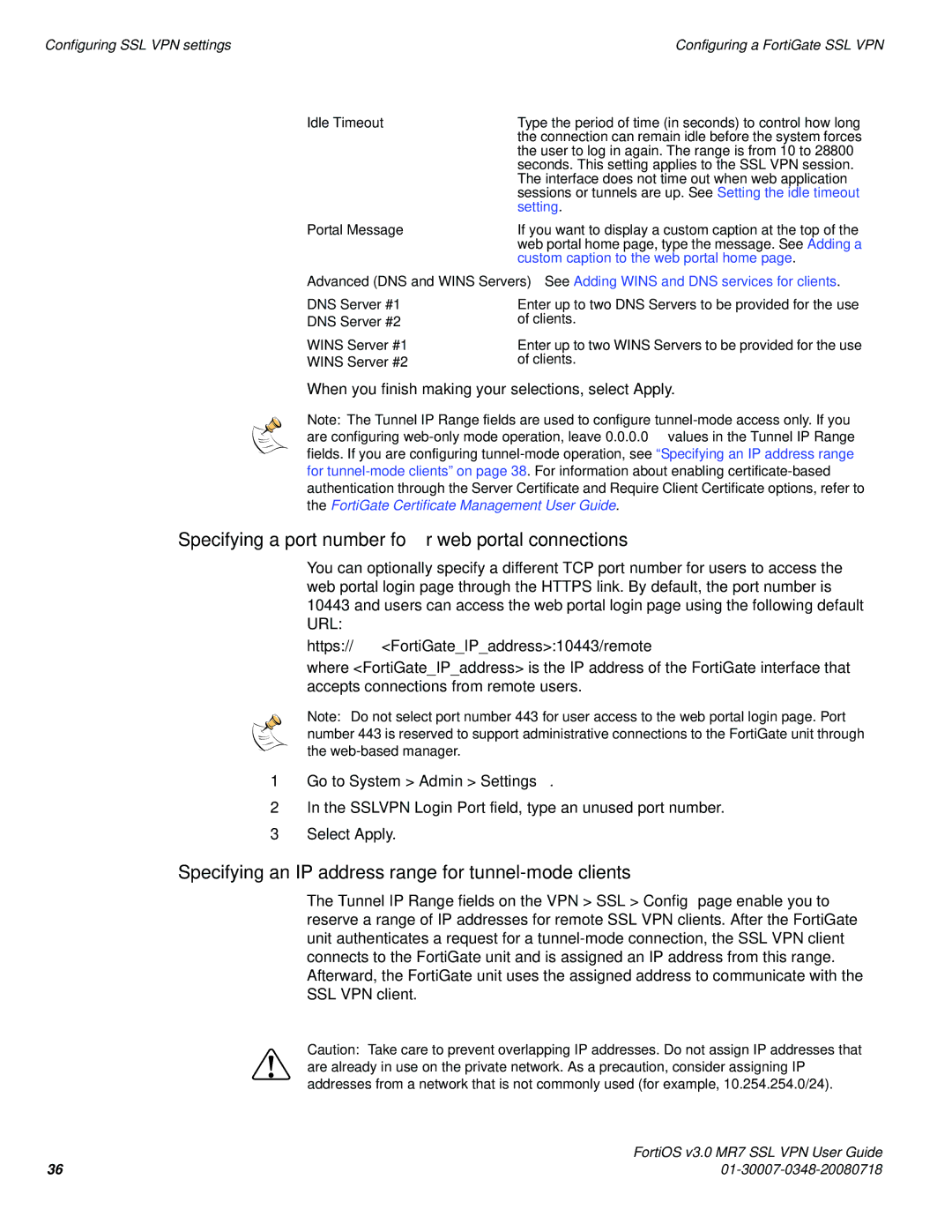 Fortinet FORTIOS V3.0 MR7 manual Specifying a port number for web portal connections, Go to System Admin Settings 