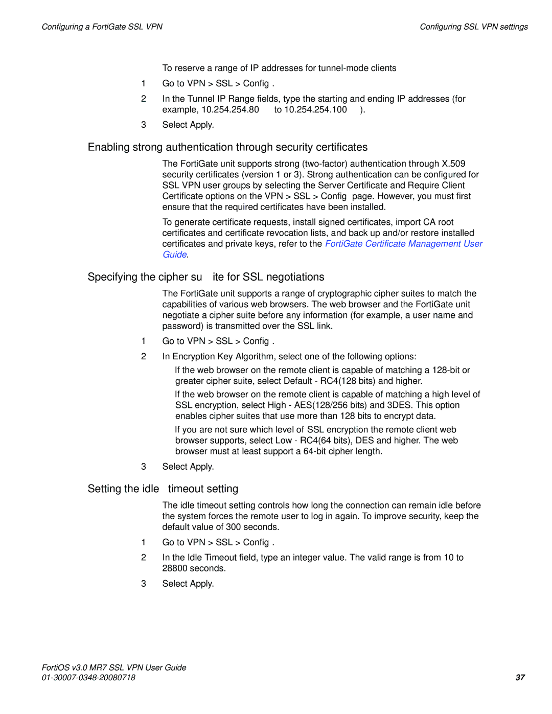 Fortinet FORTIOS V3.0 MR7 manual Specifying the cipher suite for SSL negotiations, Setting the idle timeout setting 