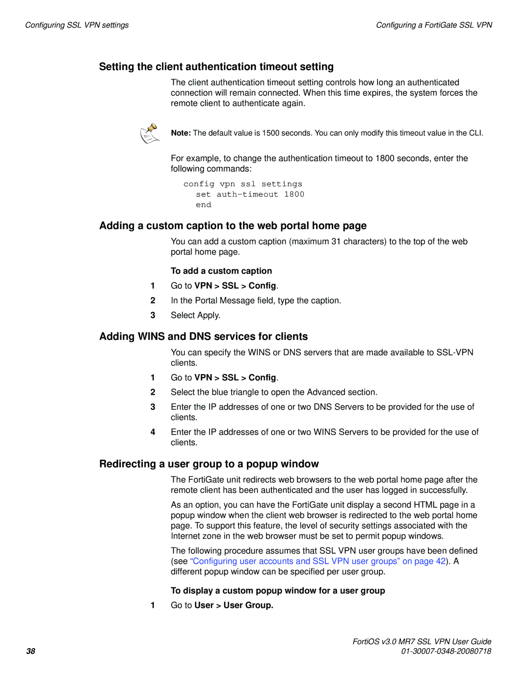 Fortinet FORTIOS V3.0 MR7 Setting the client authentication timeout setting, Adding Wins and DNS services for clients 