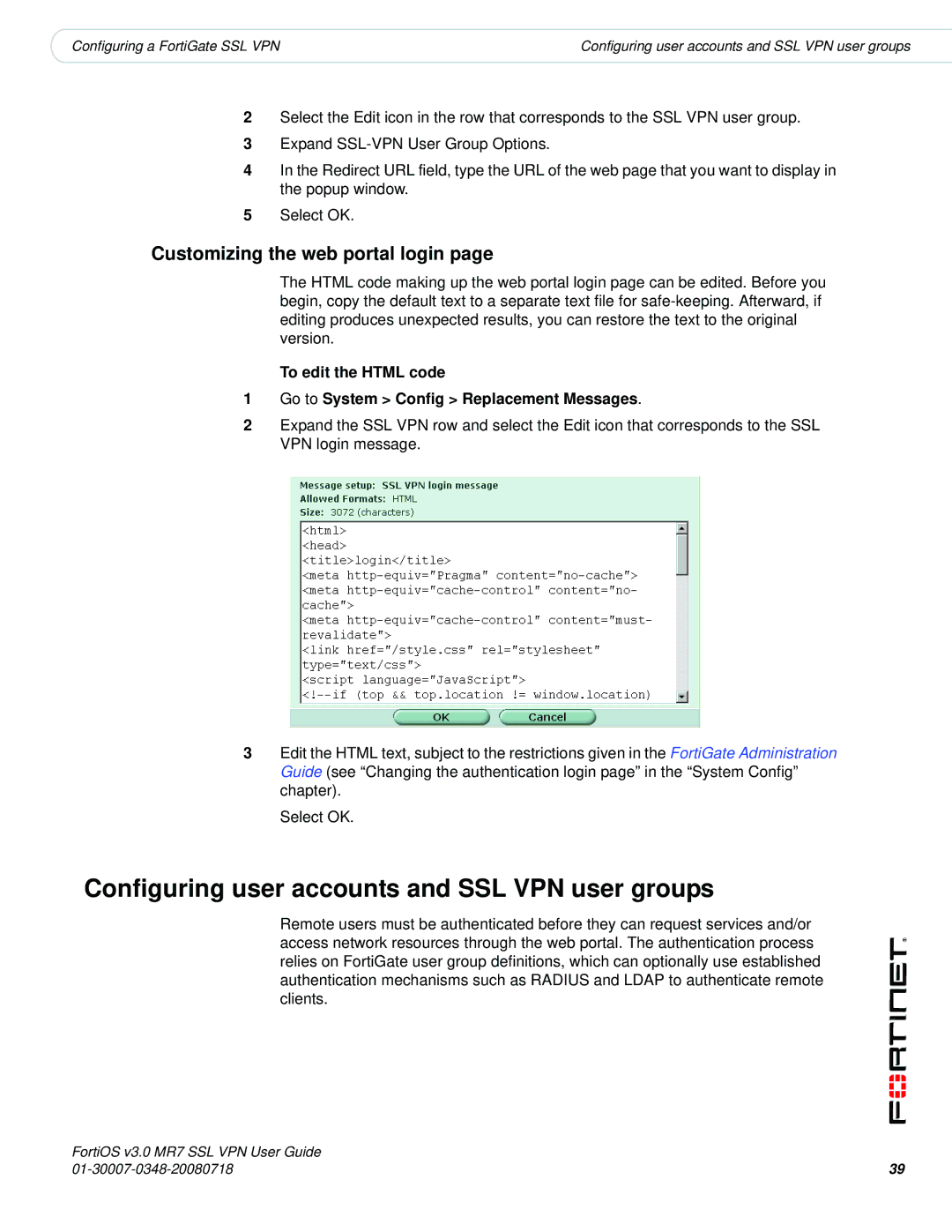 Fortinet FORTIOS V3.0 MR7 manual Configuring user accounts and SSL VPN user groups, Customizing the web portal login 