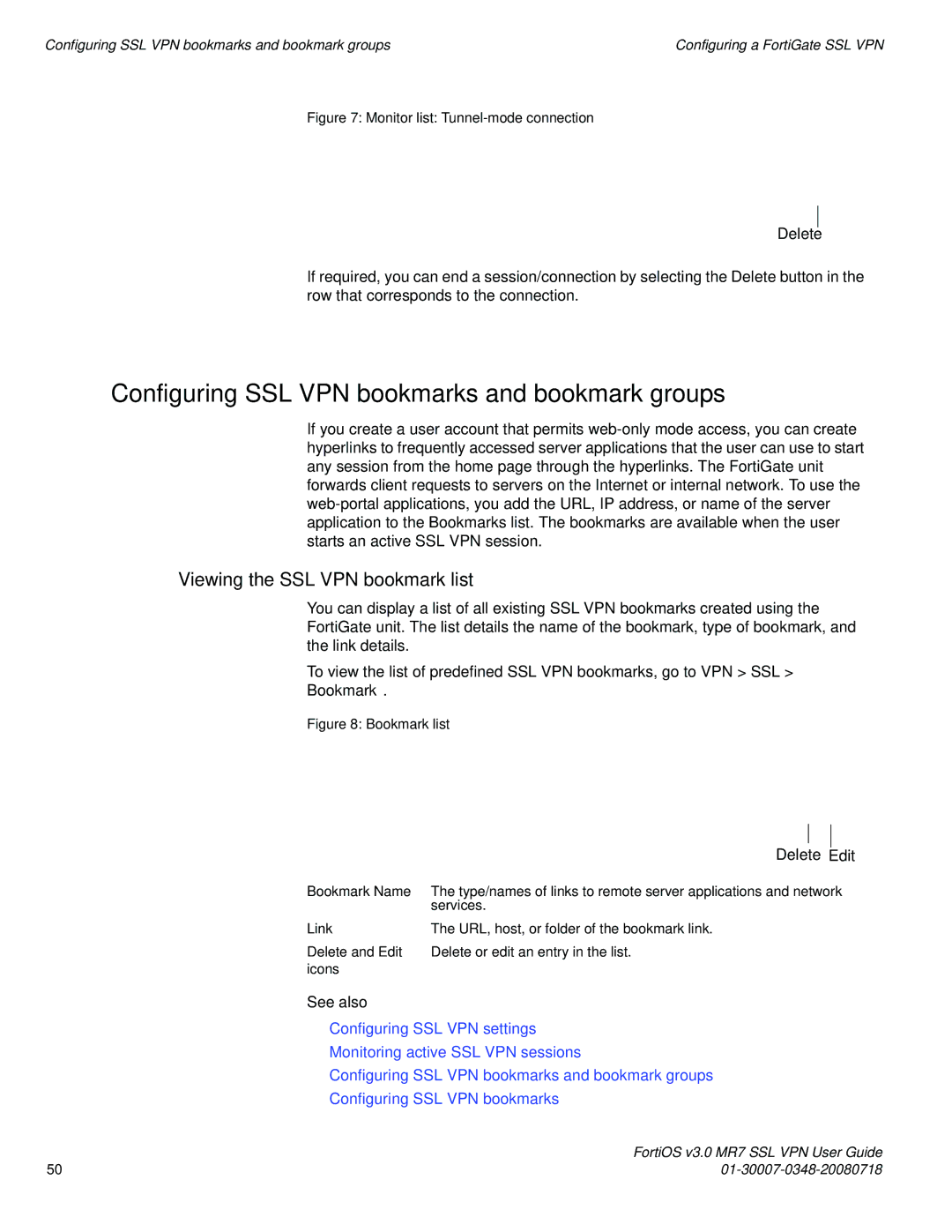 Fortinet FORTIOS V3.0 MR7 Configuring SSL VPN bookmarks and bookmark groups, Viewing the SSL VPN bookmark list, Delete 