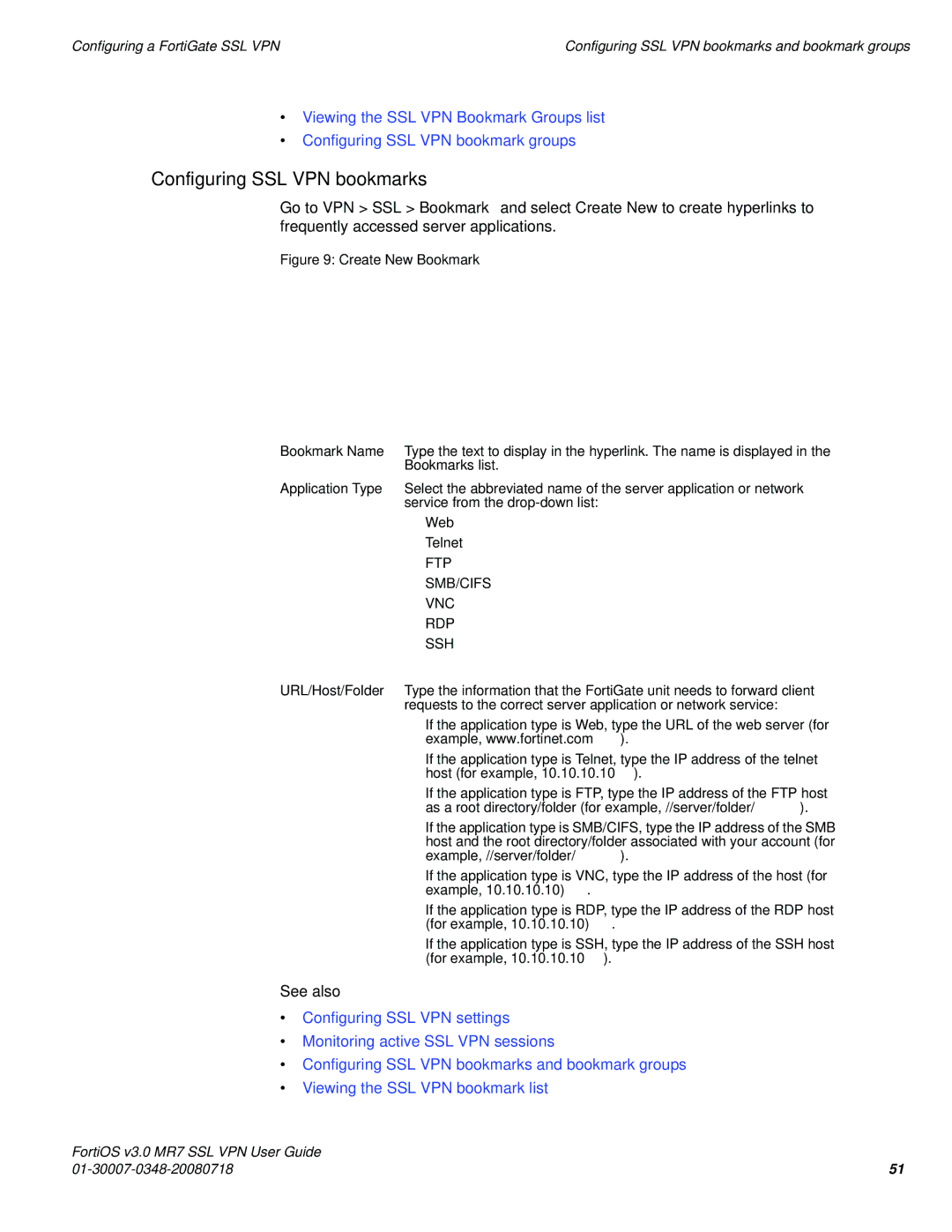 Fortinet FORTIOS V3.0 MR7 manual Configuring SSL VPN bookmarks, Create New Bookmark 