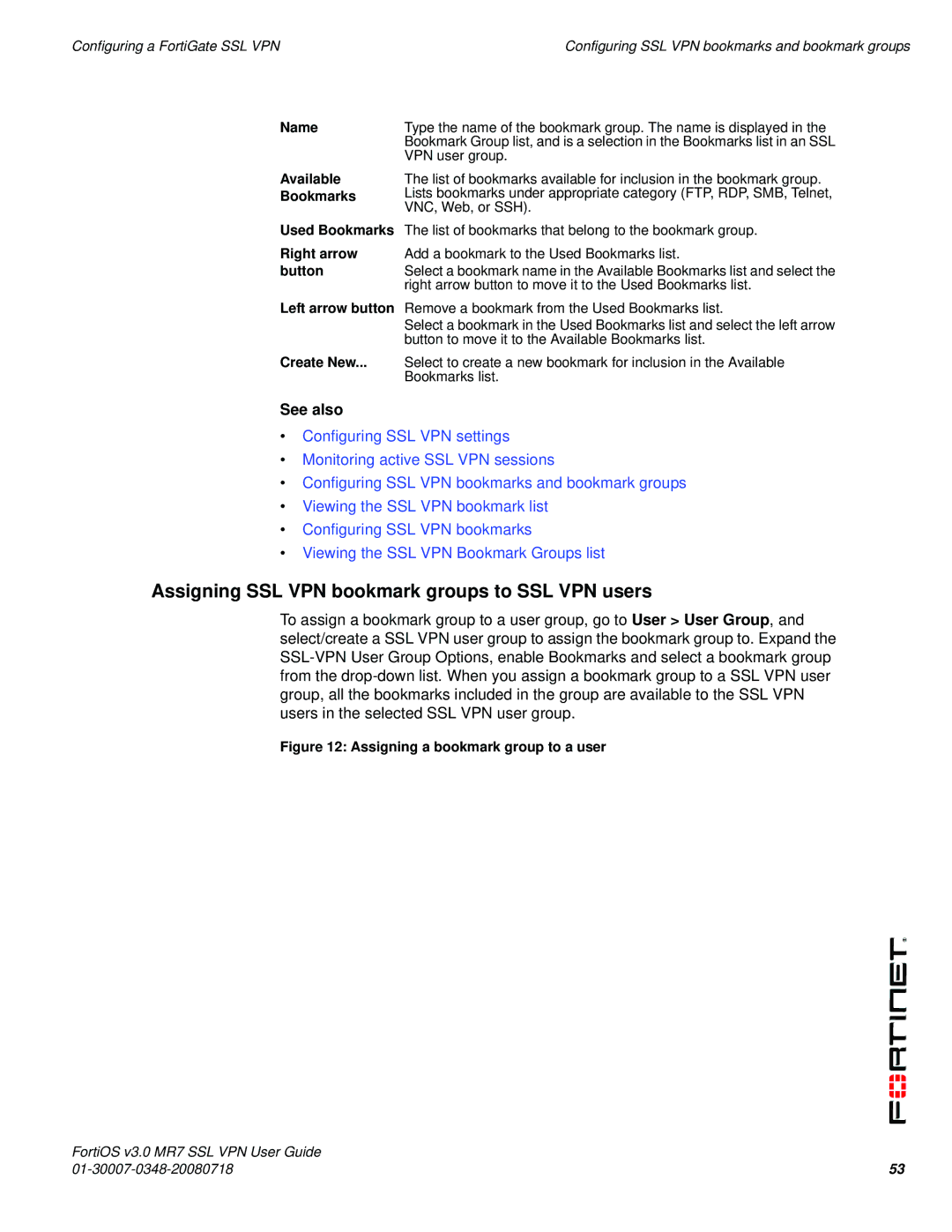 Fortinet FORTIOS V3.0 MR7 manual Assigning SSL VPN bookmark groups to SSL VPN users 