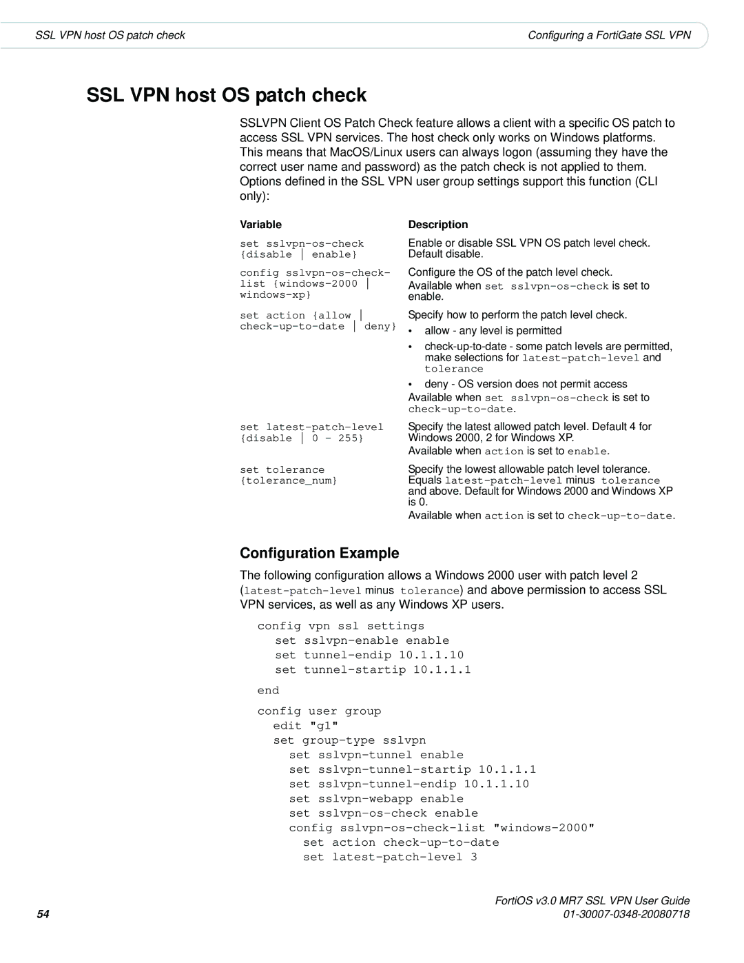 Fortinet FORTIOS V3.0 MR7 manual SSL VPN host OS patch check, Configuration Example, Variable, Description 