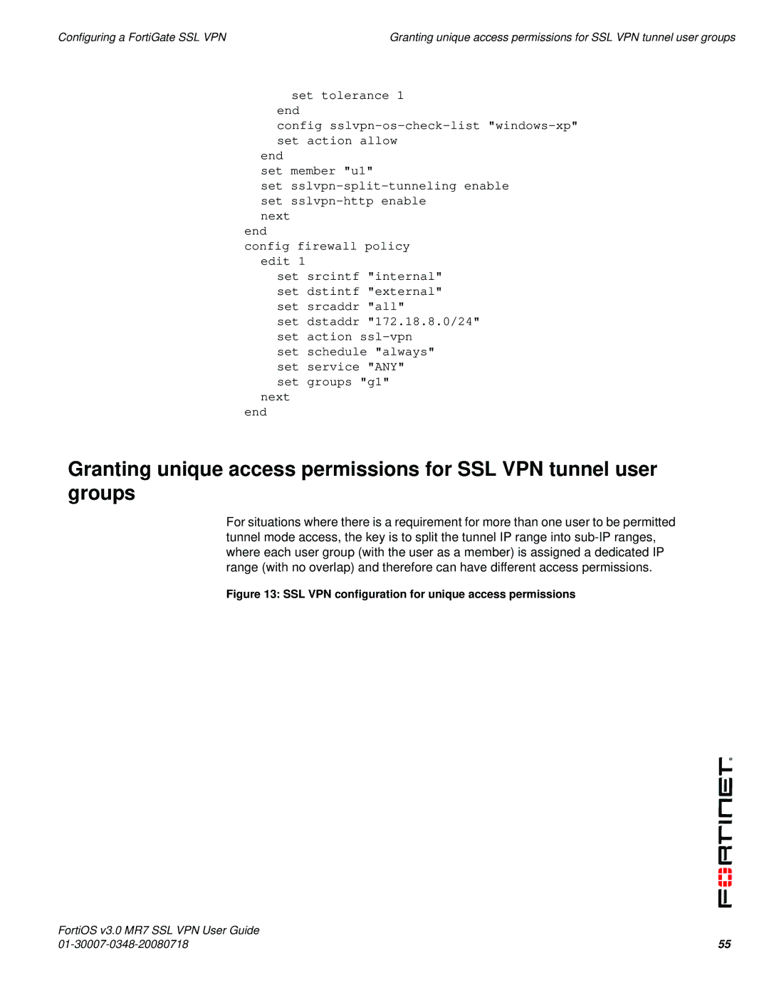 Fortinet FORTIOS V3.0 MR7 manual SSL VPN configuration for unique access permissions 