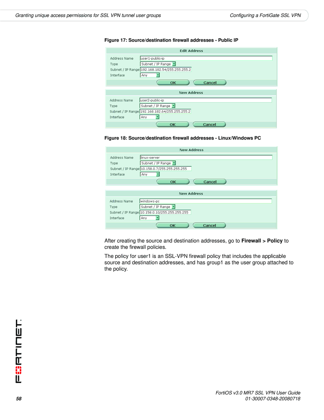 Fortinet FORTIOS V3.0 MR7 manual Source/destination firewall addresses Public IP 