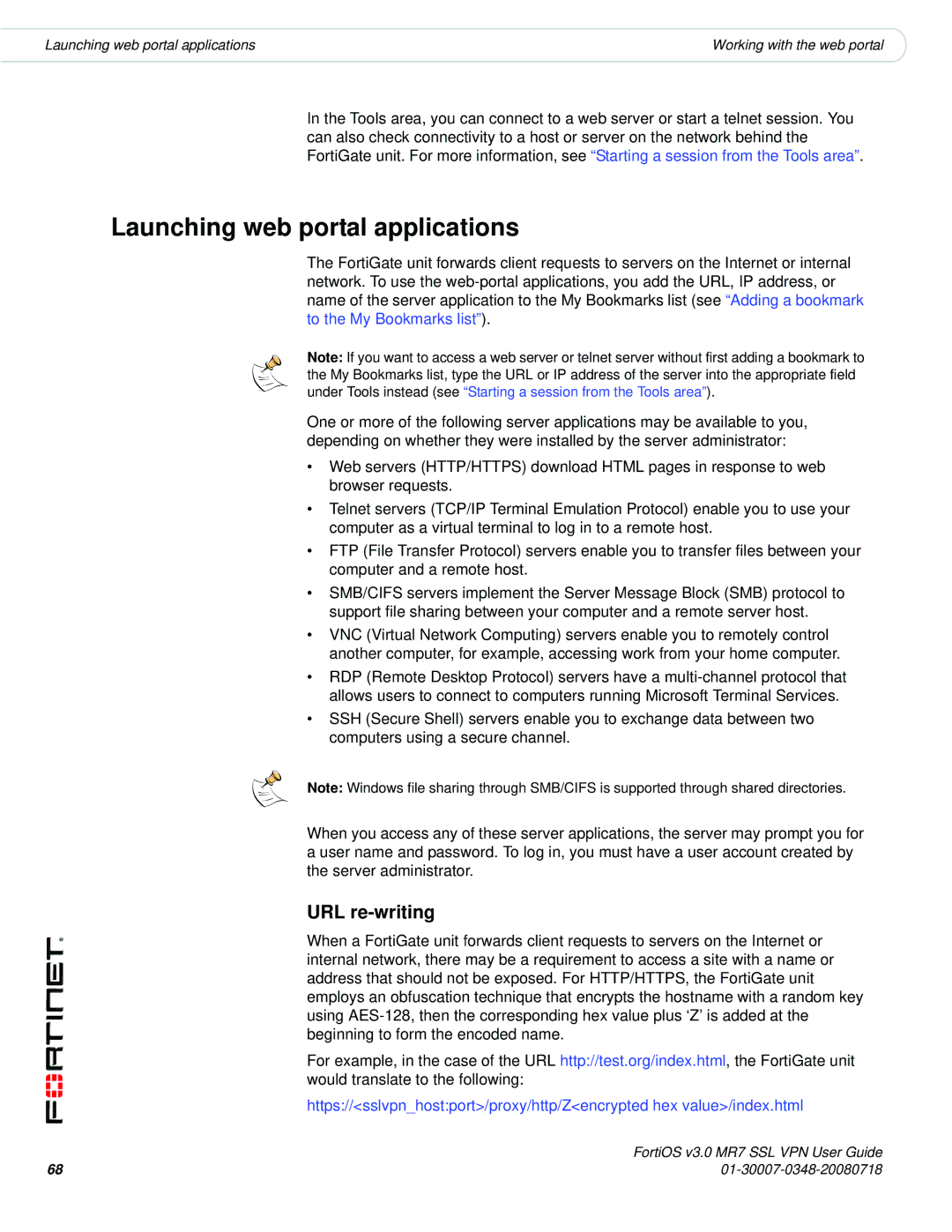 Fortinet FORTIOS V3.0 MR7 manual Launching web portal applications, URL re-writing 